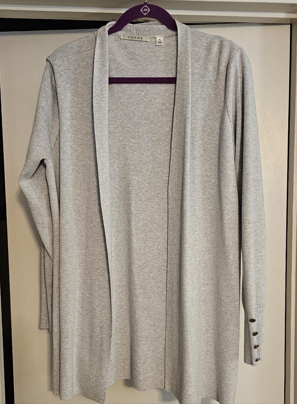 Cyrus Light Gray Open-Front Long Cardigan with Button Cuffs